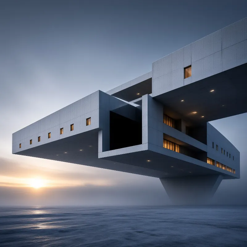 A massive cantilevered concrete structure hovers above dark water as the last light glows on the horizon.