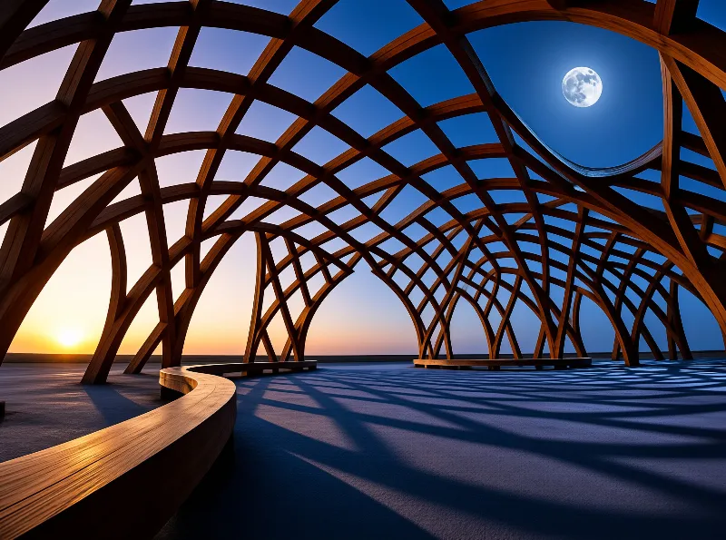A curved wooden lattice structure stands on a flat surface during twilight with a full moon visible in the blue sky.
