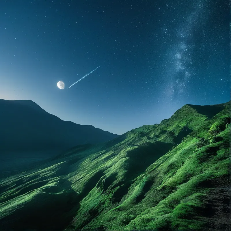 A bright comet streaks across the deep blue sky near a crescent moon above undulating green grassy slopes.