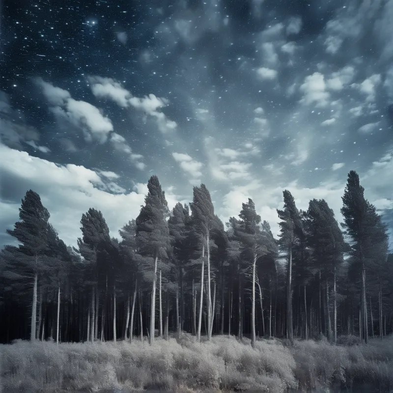 Tall pine trees rise from a low shrub layer against a deep blue sky filled with stars and drifting clouds.