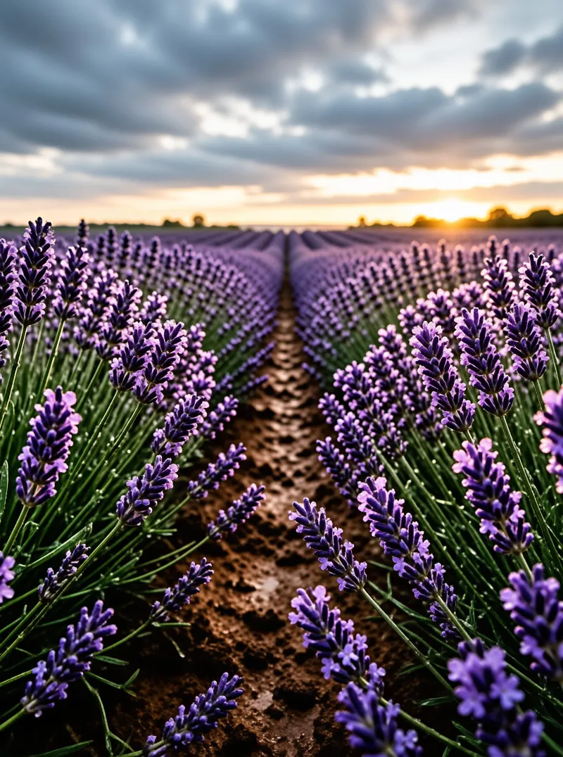 Rows of purple lavender flowers stretch across a field towards a horizon where the sun is setting behind dark clouds.