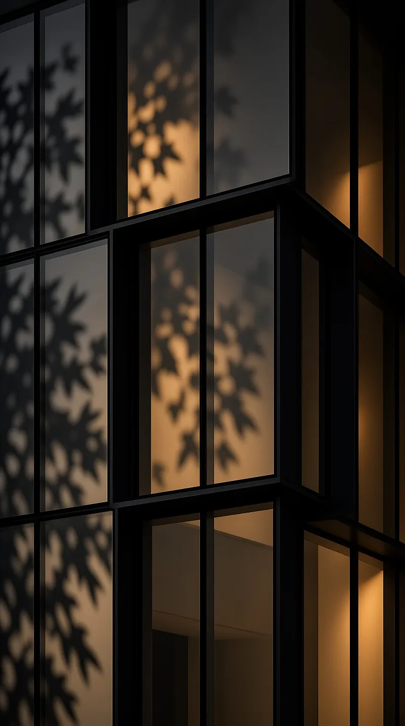 Black metal mullions frame glass panels glowing amber from within while leaf shadows fall softly across the surfaces.