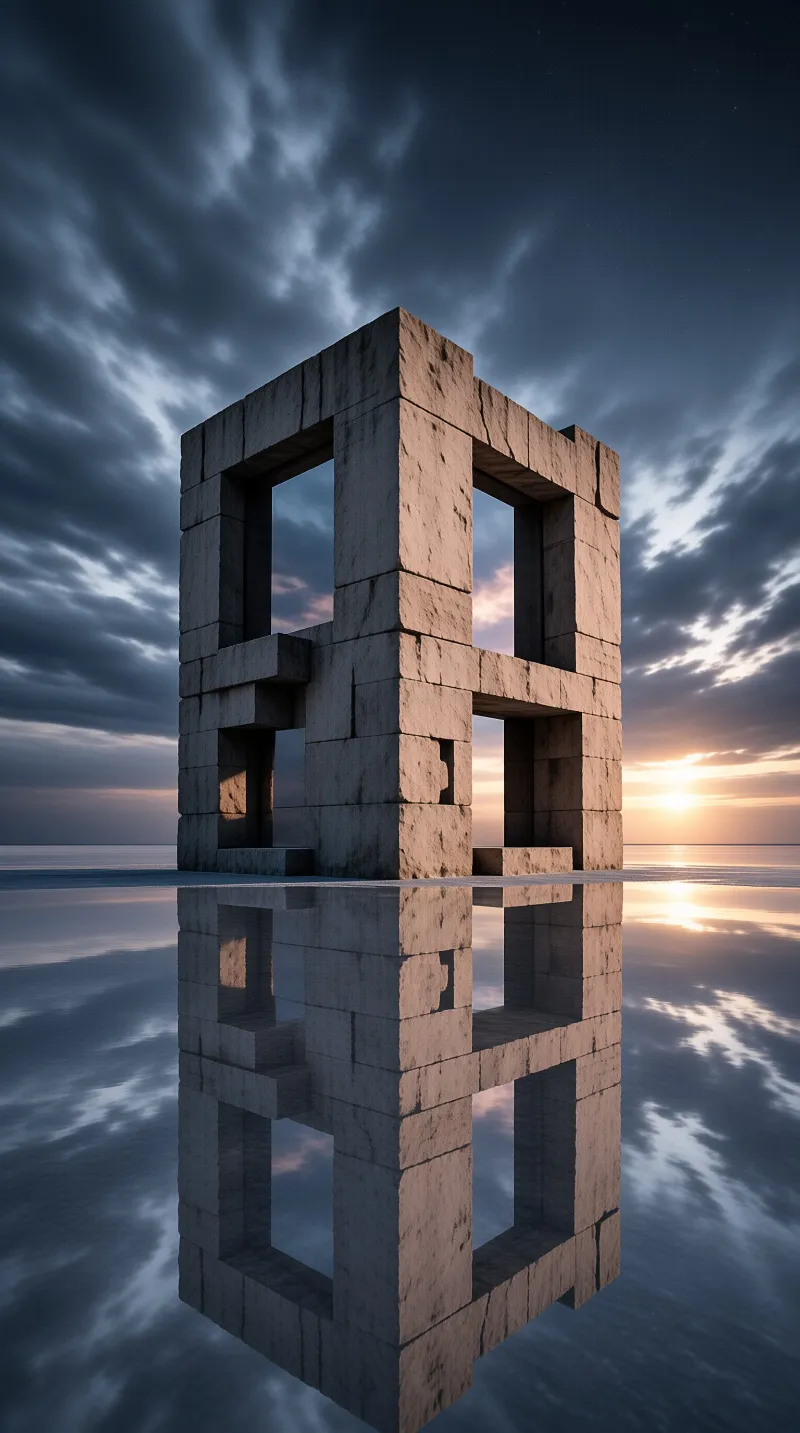Stone Cube Sculpture at Dusk