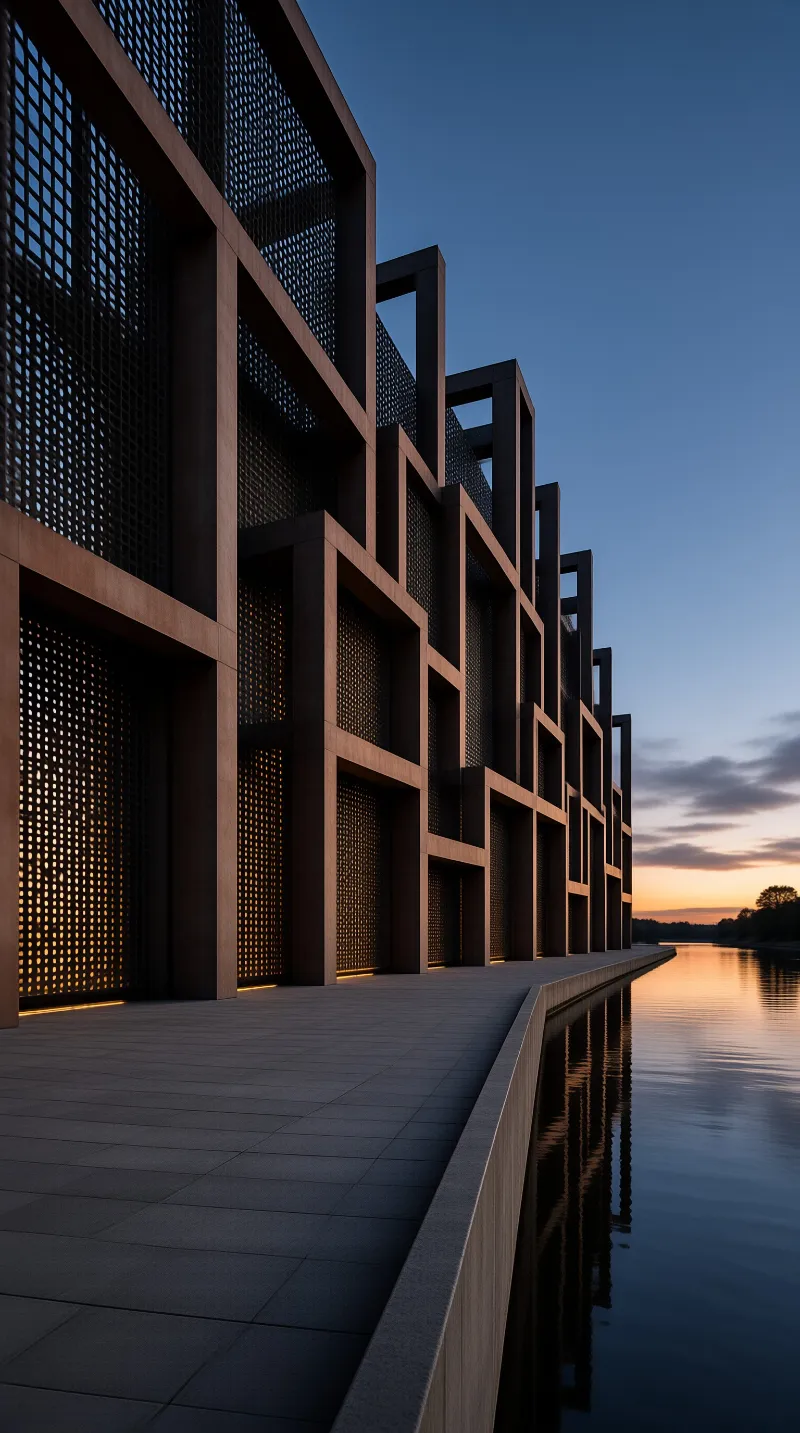 Geometric architecture lines a waterfront promenade while warm lights glow through the screen.