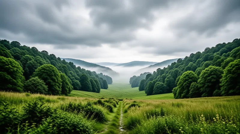 A winding dirt path cuts through a lush green field leading to misty forested hills under an overcast sky.