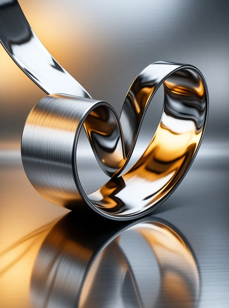 A curved highly reflective metal ribbon curls above a glossy surface, reflecting warm golden and cool grey gradient tones from its surrounding environment.