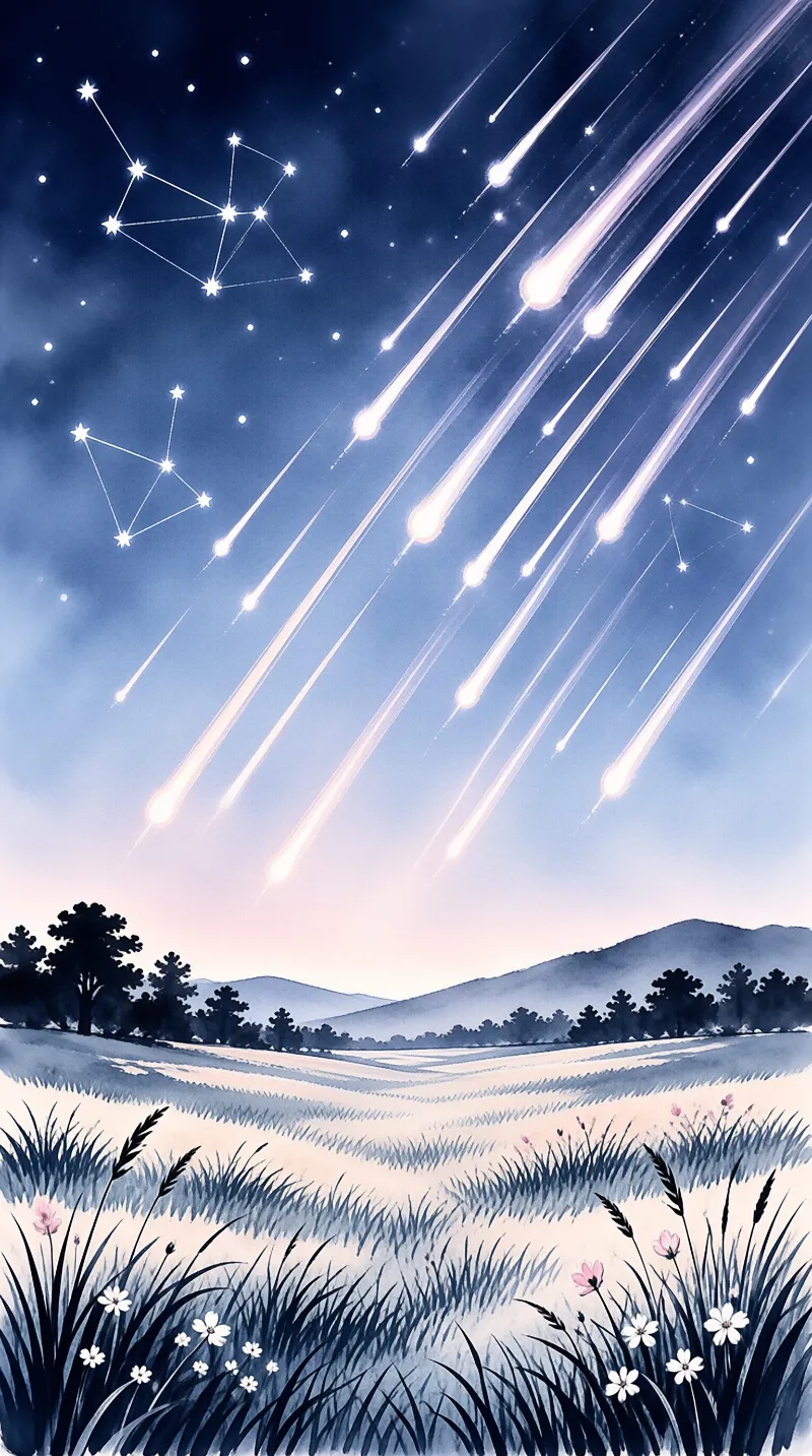Meteors streak across a blue night sky above a treeline and a foreground meadow with wildflowers.