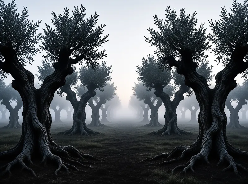 Twisted olive trees form a symmetrical avenue through a misty forest at dawn.