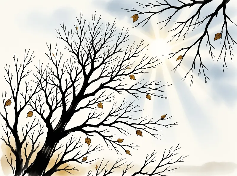 An ink-wash style illustration of leafless branches with a few drifting amber leaves beneath bursting sun rays