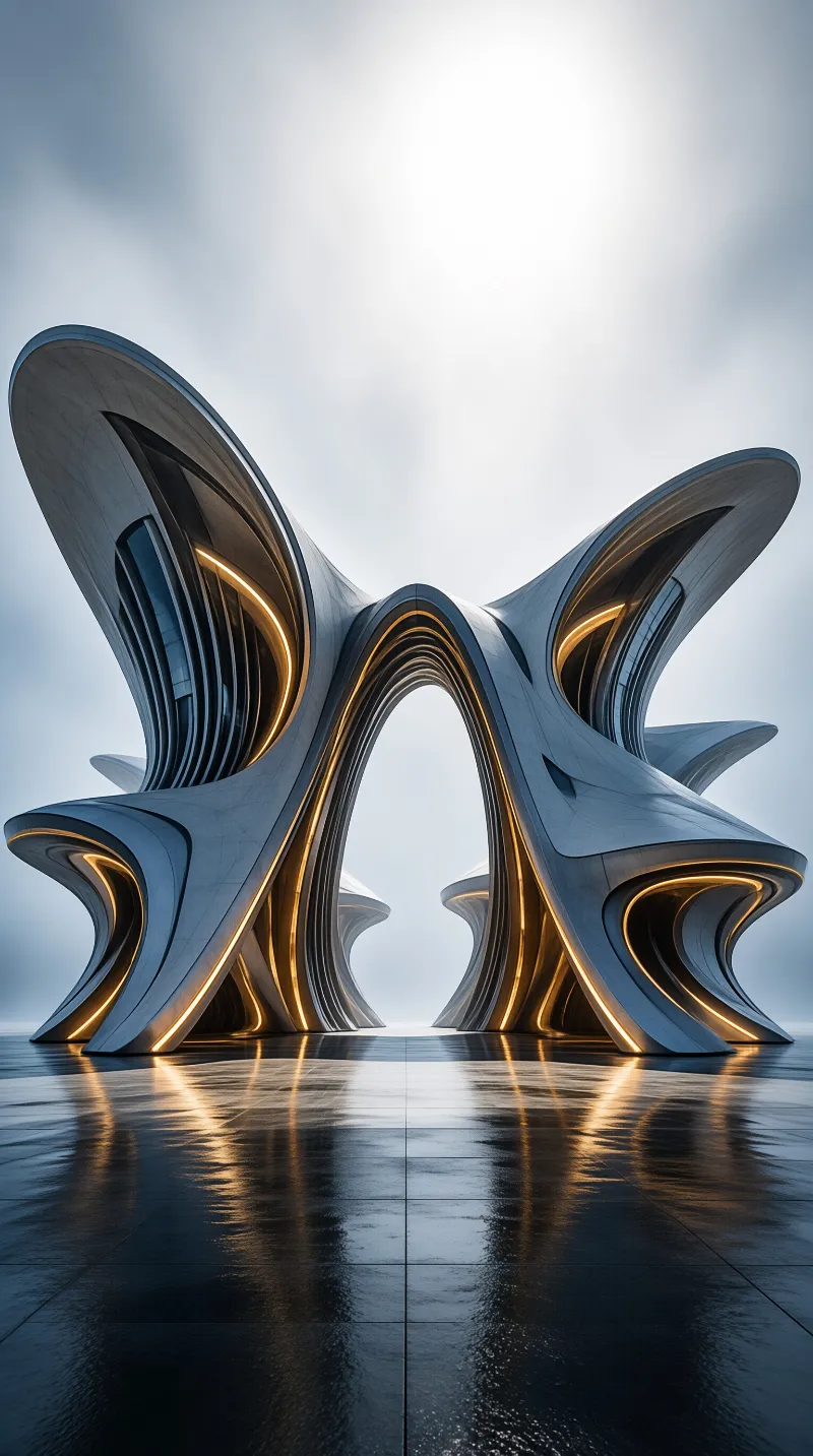 A futuristic curved building stands on wet pavement reflecting warm golden light strips embedded in its smooth white surfaces.