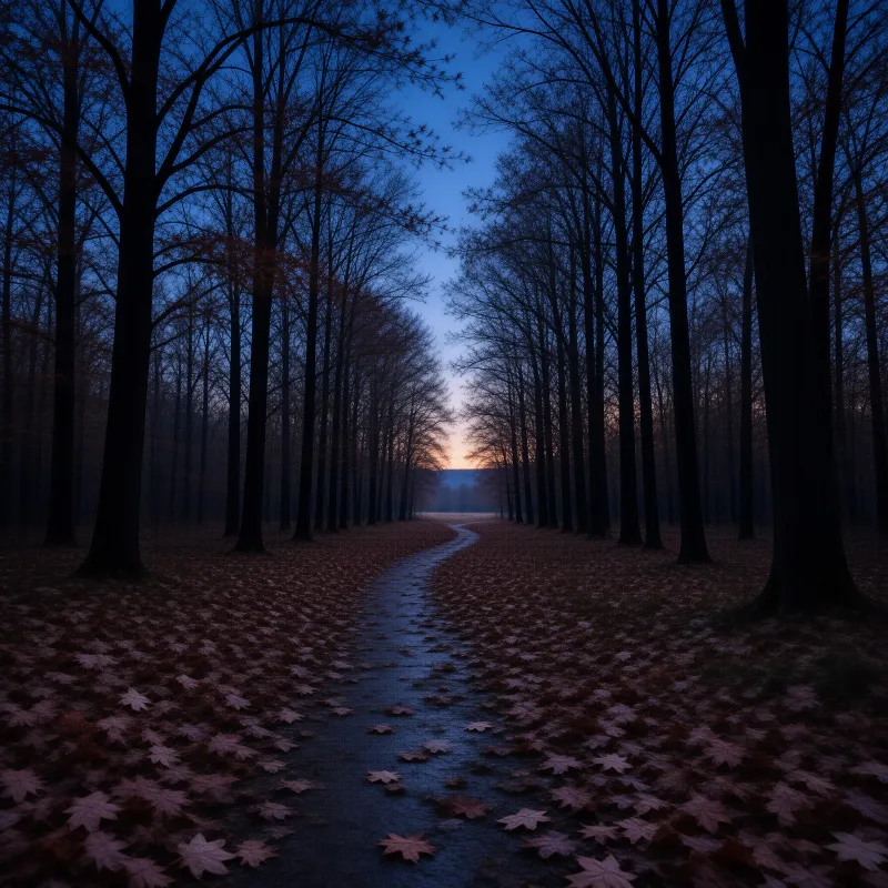 A winding path covered in leaves leads through a forest of tall bare trees toward a glowing horizon at dusk.