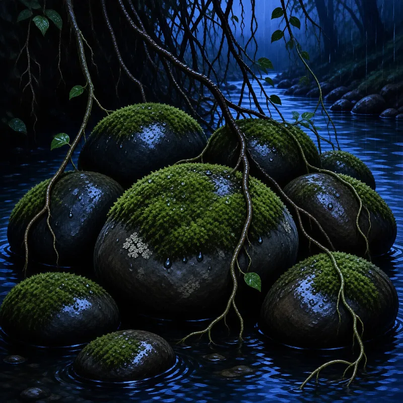 A cluster of smooth dark rocks topped with vibrant green moss sits in a dark blue stream with hanging vines.