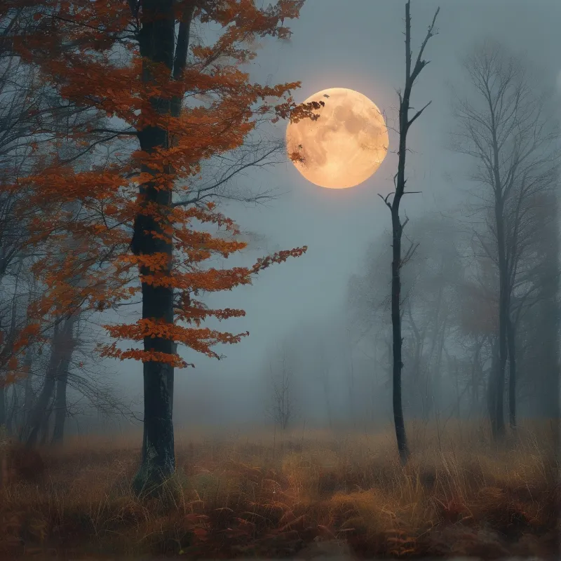 A glowing amber full harvest moon rises above fog shrouded forest, where a bright orange autumn maple stands out left among bare leafless trees.
