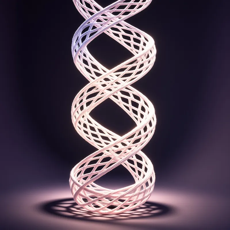 A vertical spiral of woven white threads emits a soft light while standing on a shadowed surface.
