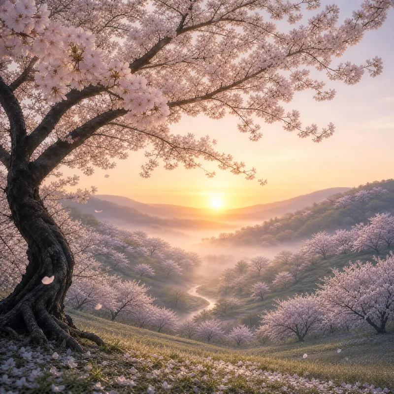 Cherry Blossom Valley at Sunrise