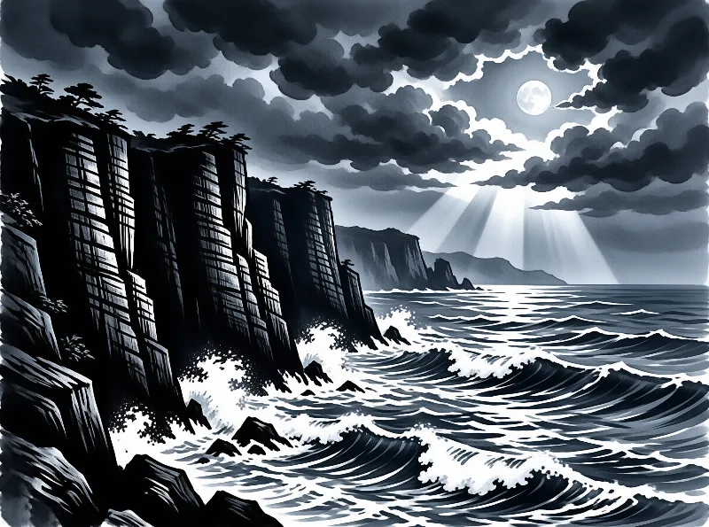 Tall dark cliffs rise beside crashing waves as bright beams of light shine through the heavy clouds above.