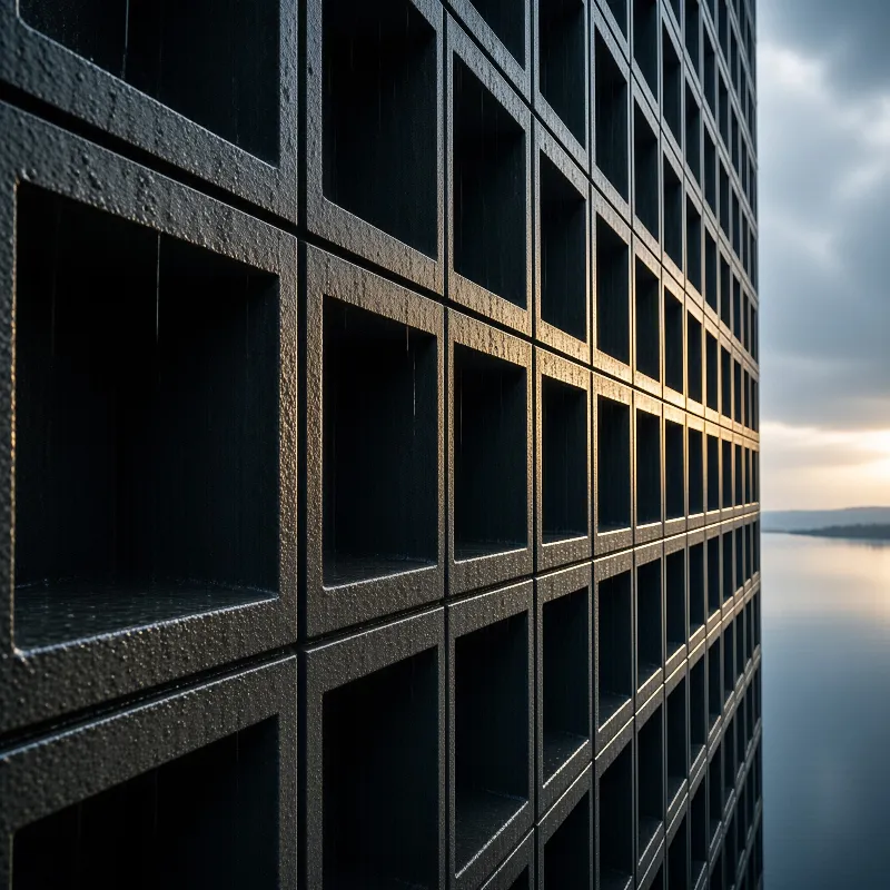 A textured concrete facade with deep recessed squares overlooks a calm body of water during twilight.