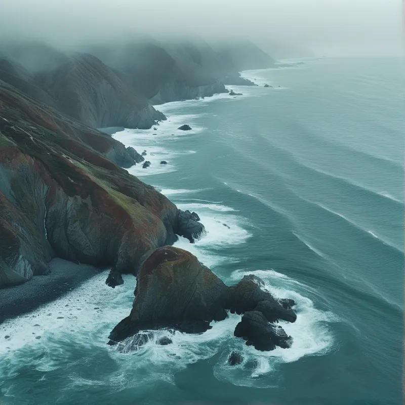 Aerial view of steep coastal cliffs meeting the ocean with white waves crashing against dark rocks under a foggy sky.