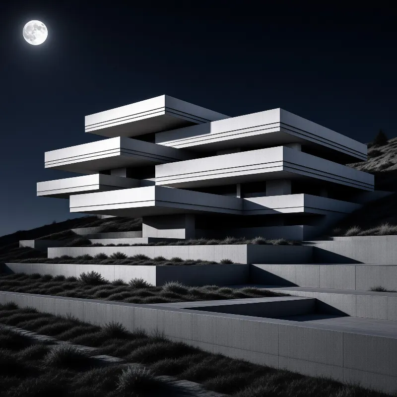 Stacked white architectural volumes form a modern home on a terraced hillside lit by a full moon.
