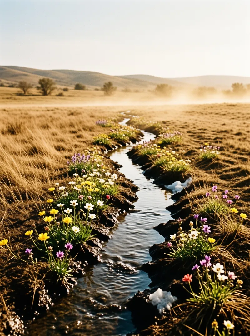 A narrow creek winds through a grassy landscape filled with colorful flowers under warm morning light.