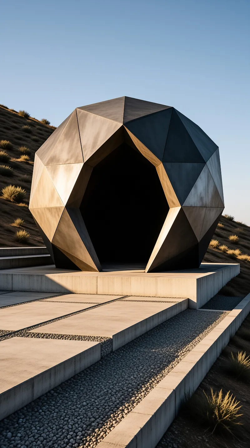 A large faceted stone structure resembling a geode sits on a tiered platform amidst a grassy hillside in warm sunlight.