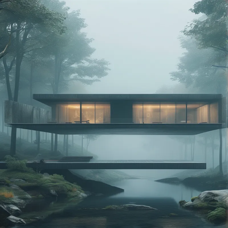 A minimalist elevated house with warm lighting overlooks a calm water body surrounded by a foggy forest at dawn.
