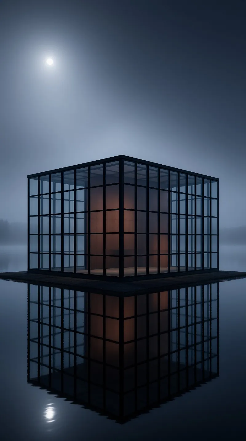 A grid framed glass pavilion sits on a dark platform over foggy calm lake water, mirrored under a bright moon in dim blue night sky.