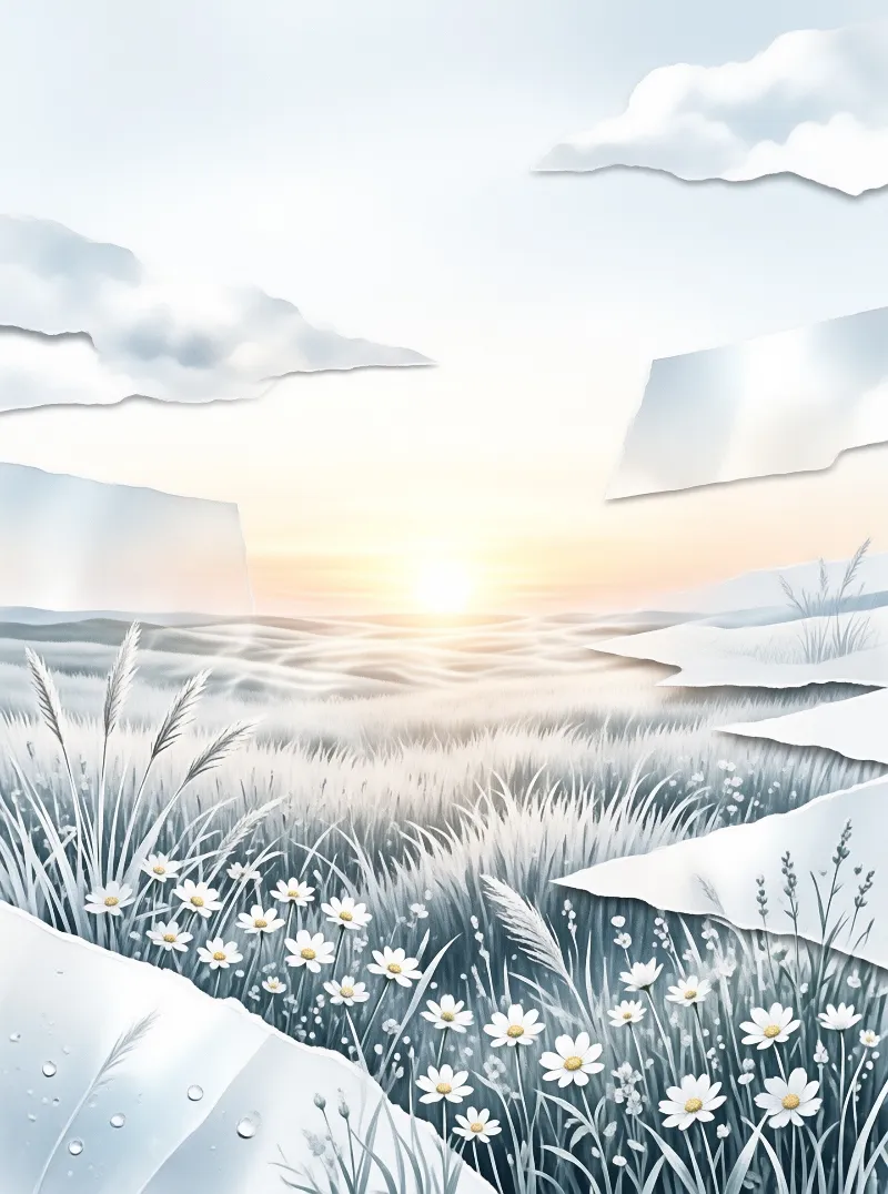 A layered papercut illustration depicts a field of white daisies and tall grass bathed in warm sunlight beneath fluffy clouds.