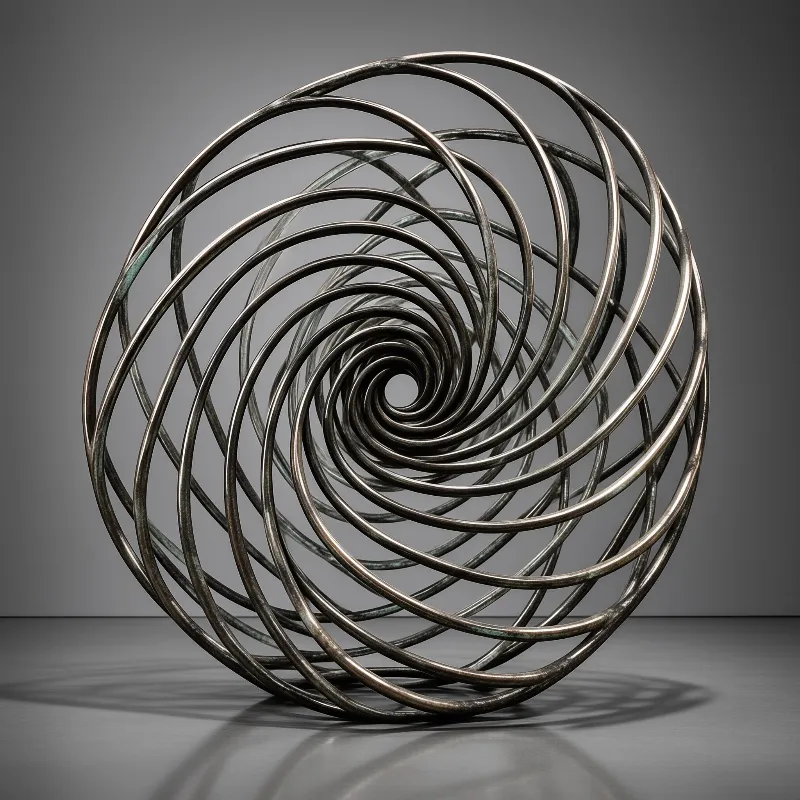 A large metallic coil twists into a vortex shape against a plain grey wall with soft floor shadows.