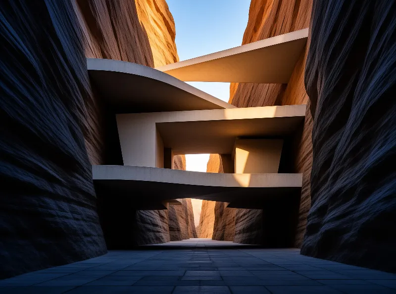 Surreal white concrete platforms stack between towering red rock formations bathed in warm angled sunlight.