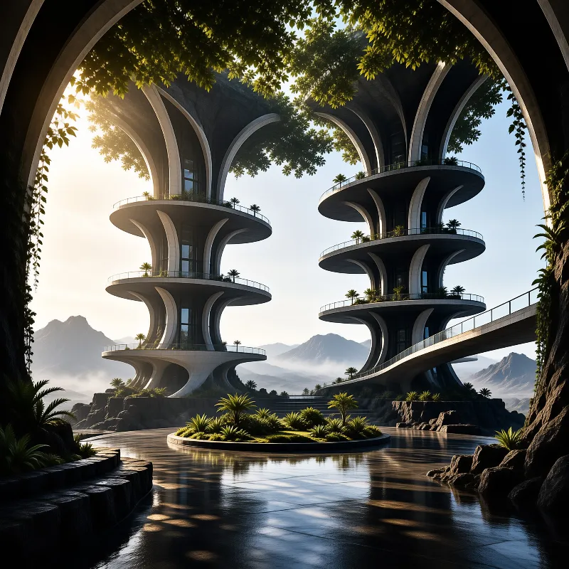 Two curved concrete towers rise beside a reflective pool under a sunlit archway with distant mountains