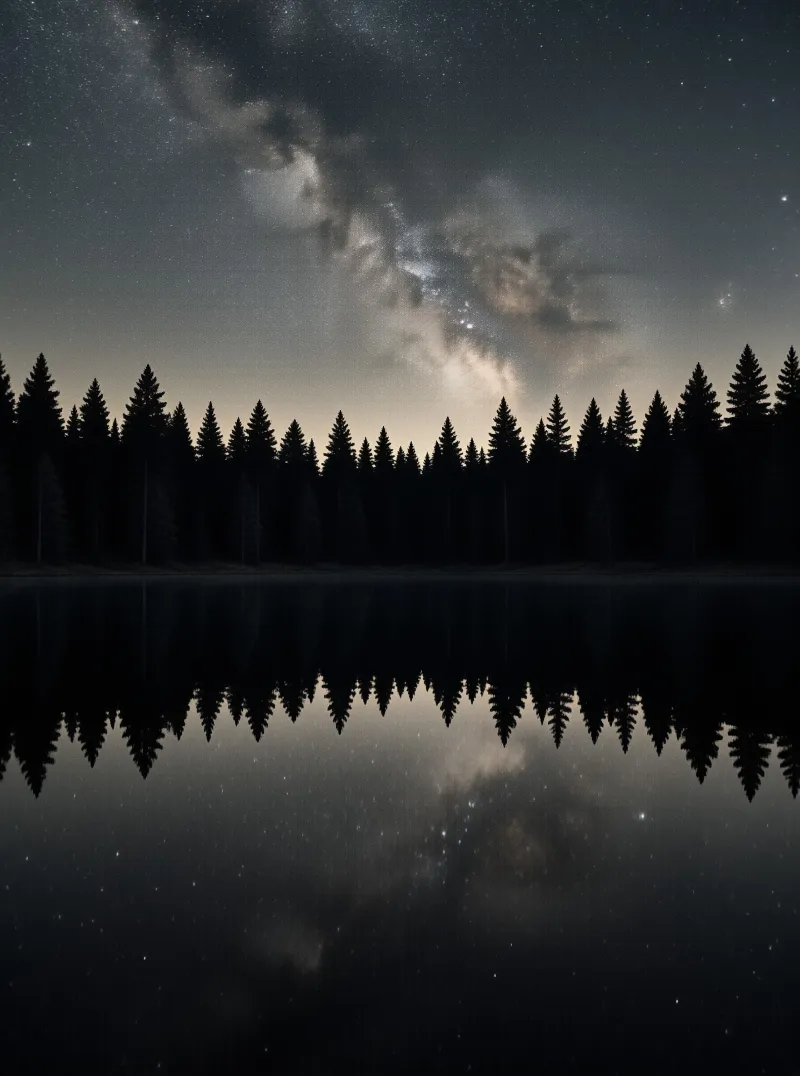 A black band of conifer trees divides a starlit sky from its mirror image in a windless lake at night.