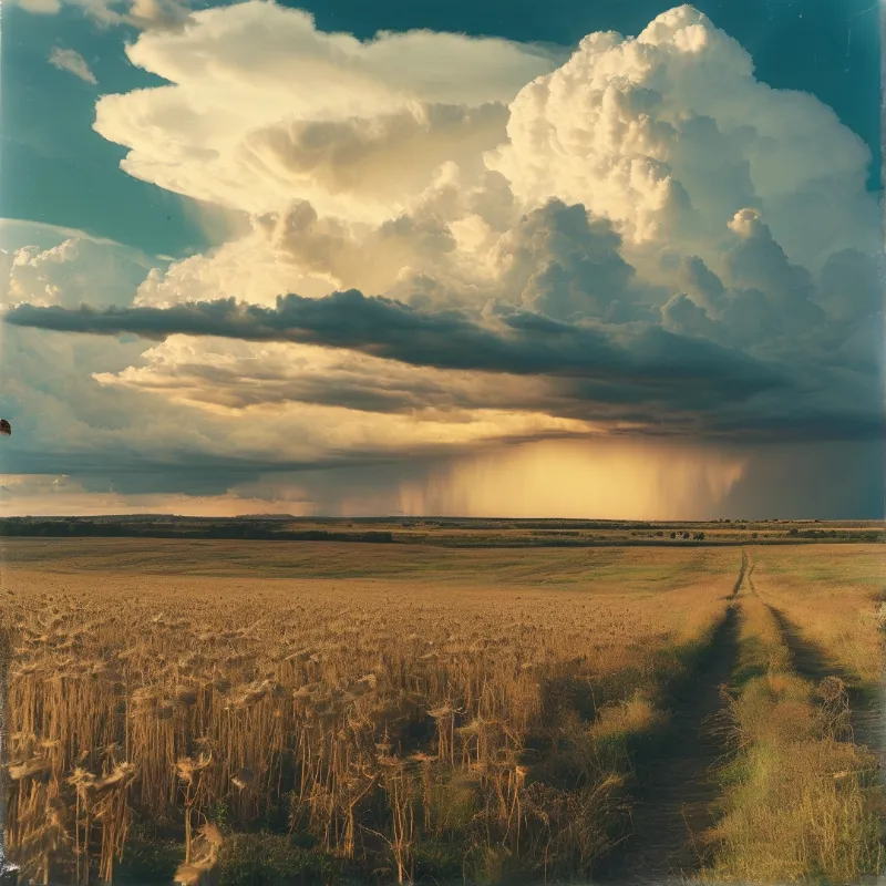 A sunlit dirt path cuts through a golden grain field under towering storm clouds with dramatic light across the landscape.