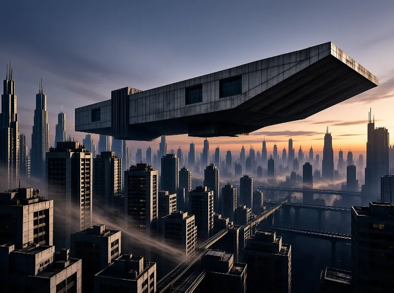 A colossal concrete slab hovers above a dense city of towers wrapped in low mist glowing with sunset orange light.