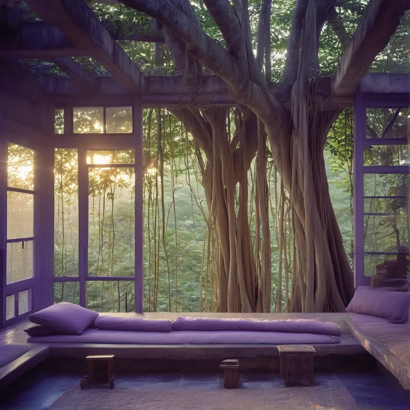 Large tree roots hang beside windows overlooking forest, with purple cushions on a bed bathed in warm sunlight.