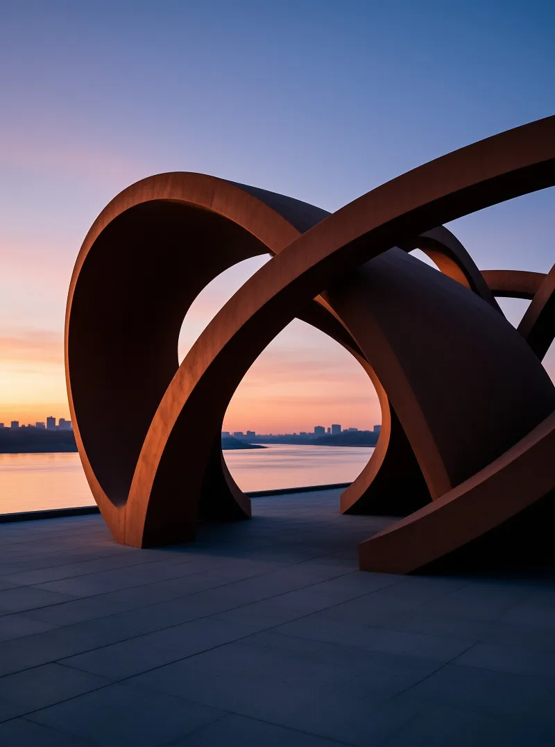 Large curved metal sculpture illuminated by warm sunset light near a waterfront city skyline