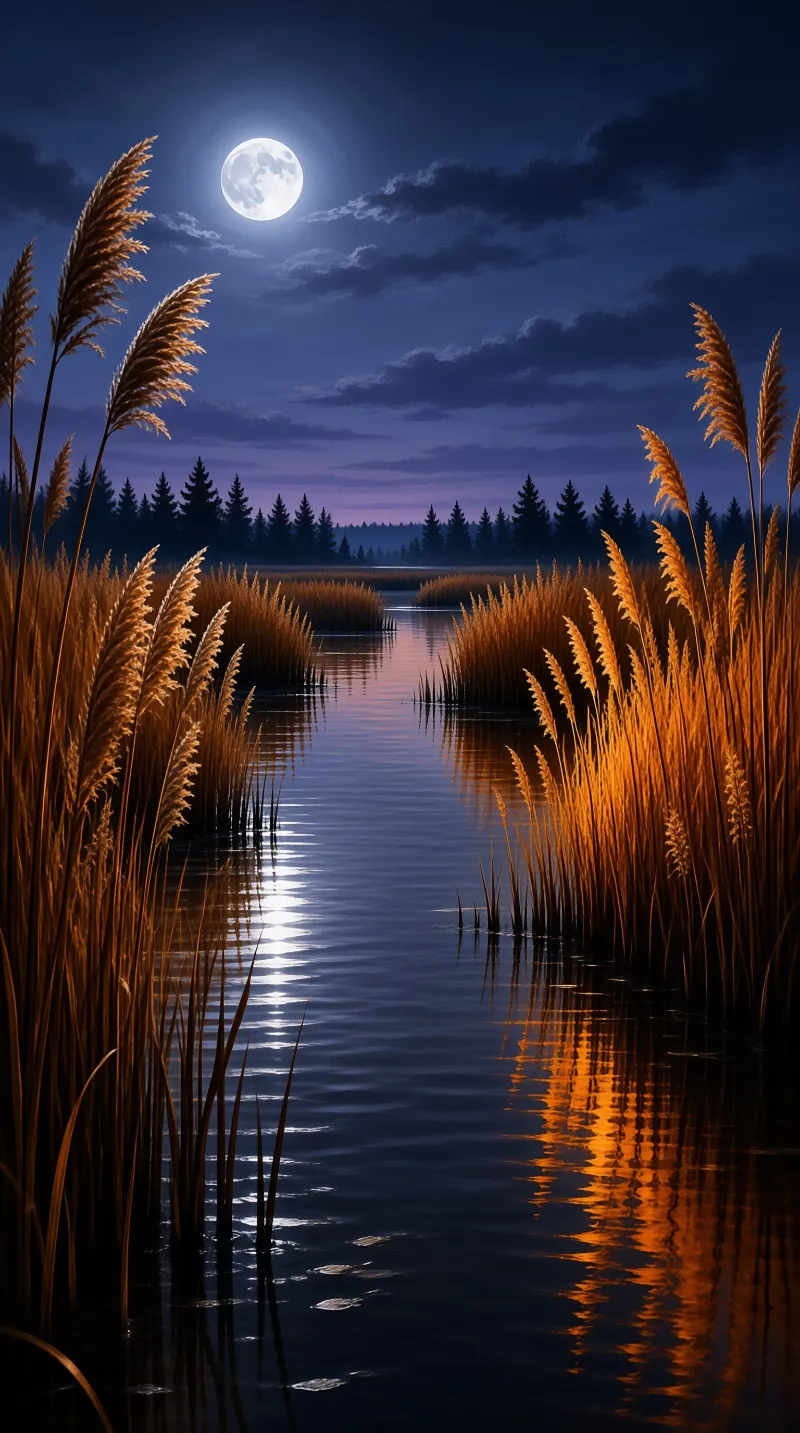 Golden grasses line a dark waterway where a bright full moon casts shimmering reflections across the surface.