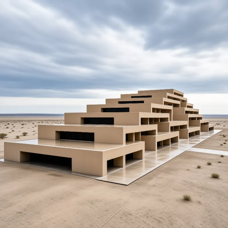 A stepped tan concrete building with dark windows stands on a reflective platform in a sandy desert beneath a cloudy sky.