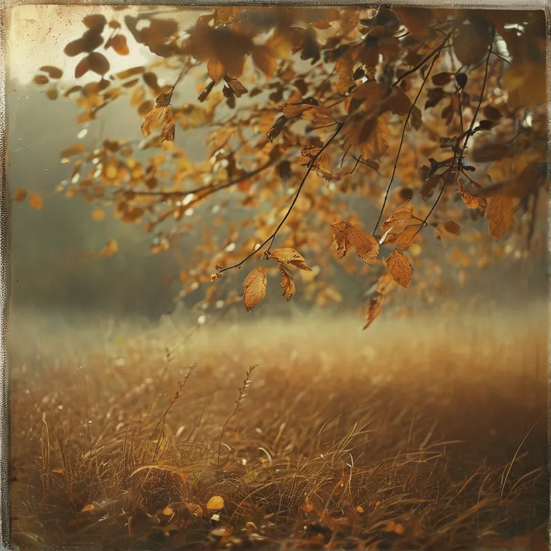 Withered foliage hangs from overhead branches creating a warm frame above a field of dry, sunlit grass.