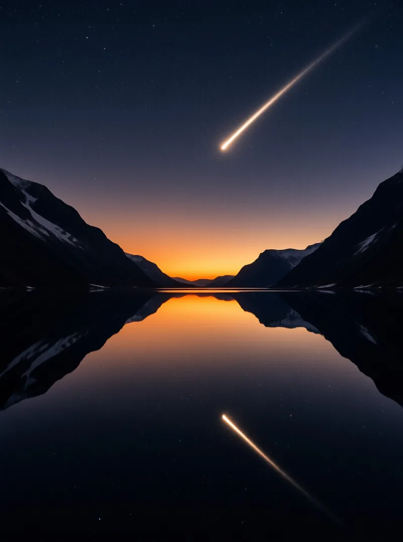 A bright meteor trails across a dark sky above a calm lake reflecting the orange sunset and mountains.