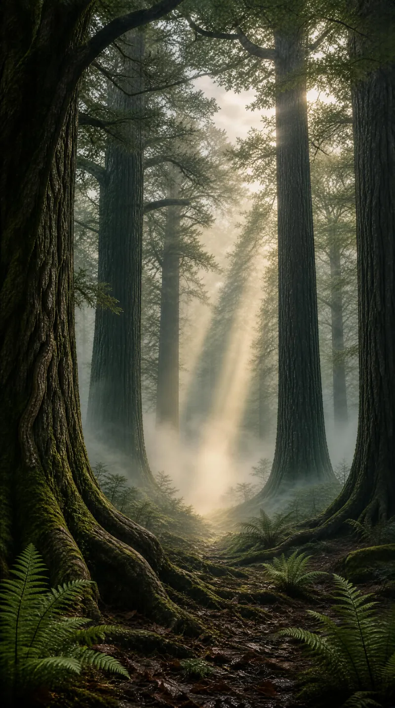 Misty Ancient Forest Sunbeams