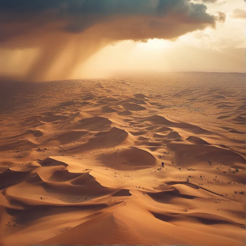 A vast landscape of rolling orange sand dunes is illuminated by beams of sunlight breaking through dark clouds.