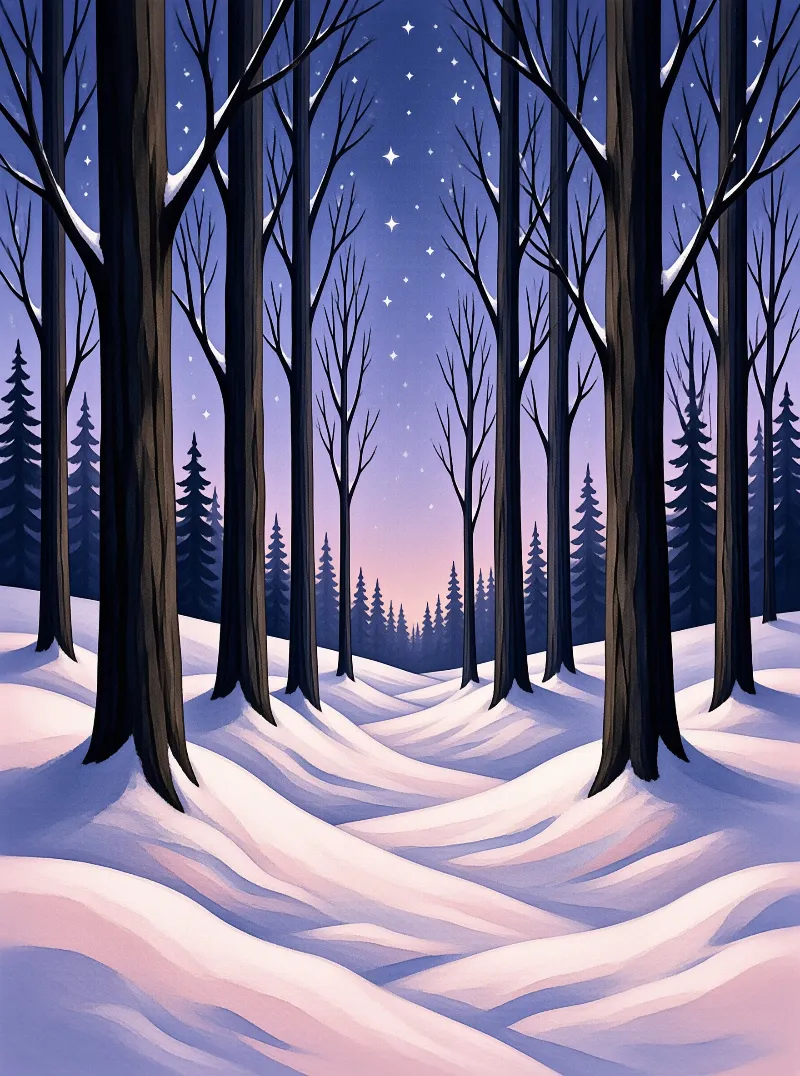An illustration showing a snowy forest with tall dark trees silhouetted against a purple night sky filled with stars.