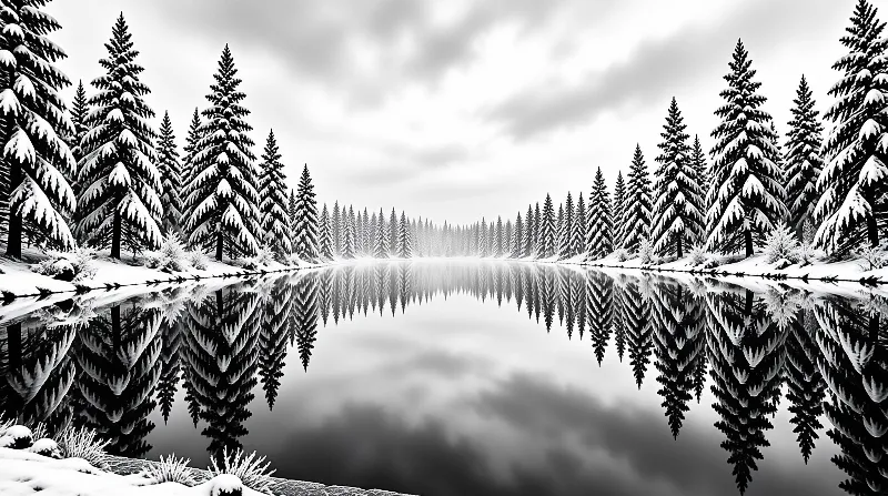 A monochrome winter shoreline repeats itself in glassy water, frost heavy on the dark evergreen boughs.