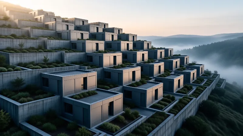 Modular concrete homes with green roofs are built into a steep hillside overlooking a misty valley during golden hour.