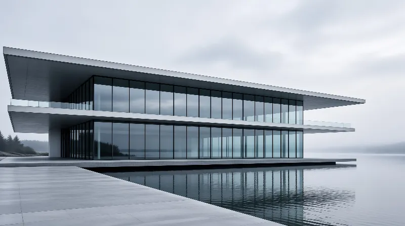 A flat roofed glass house sits at the water edge, mirrored in a still lake beneath soft gray fog.
