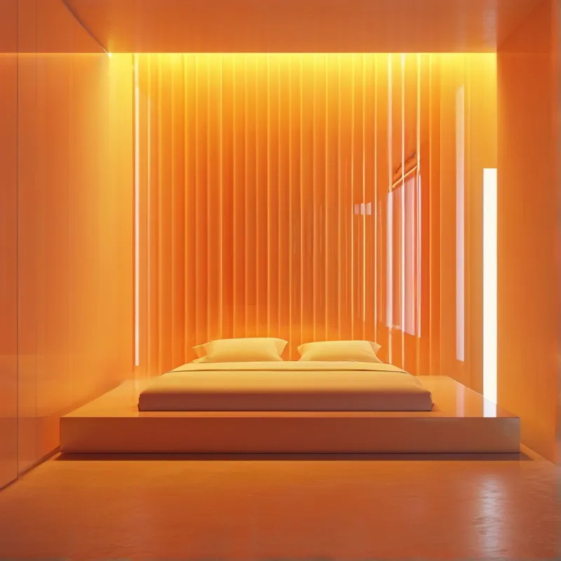 A minimalist bedroom with a white bed on a platform lit by bright orange vertical light strips and slats.