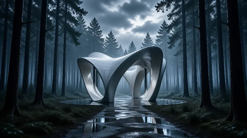 A futuristic white structure stands in a dark misty pine forest with wet ground reflecting the cloudy sky above.