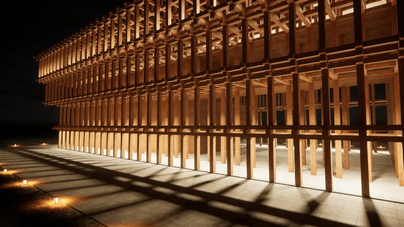 Museum with Wooden Lattice — Night With Warm Lights