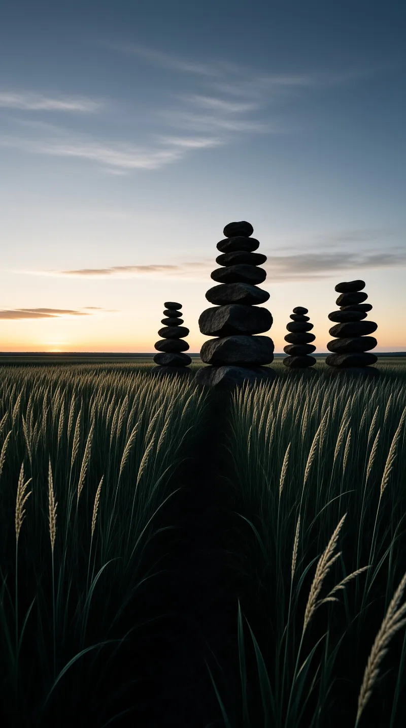 Balanced rocks stand in a wheat field under a twilight sky with warm orange light along the distant horizon.